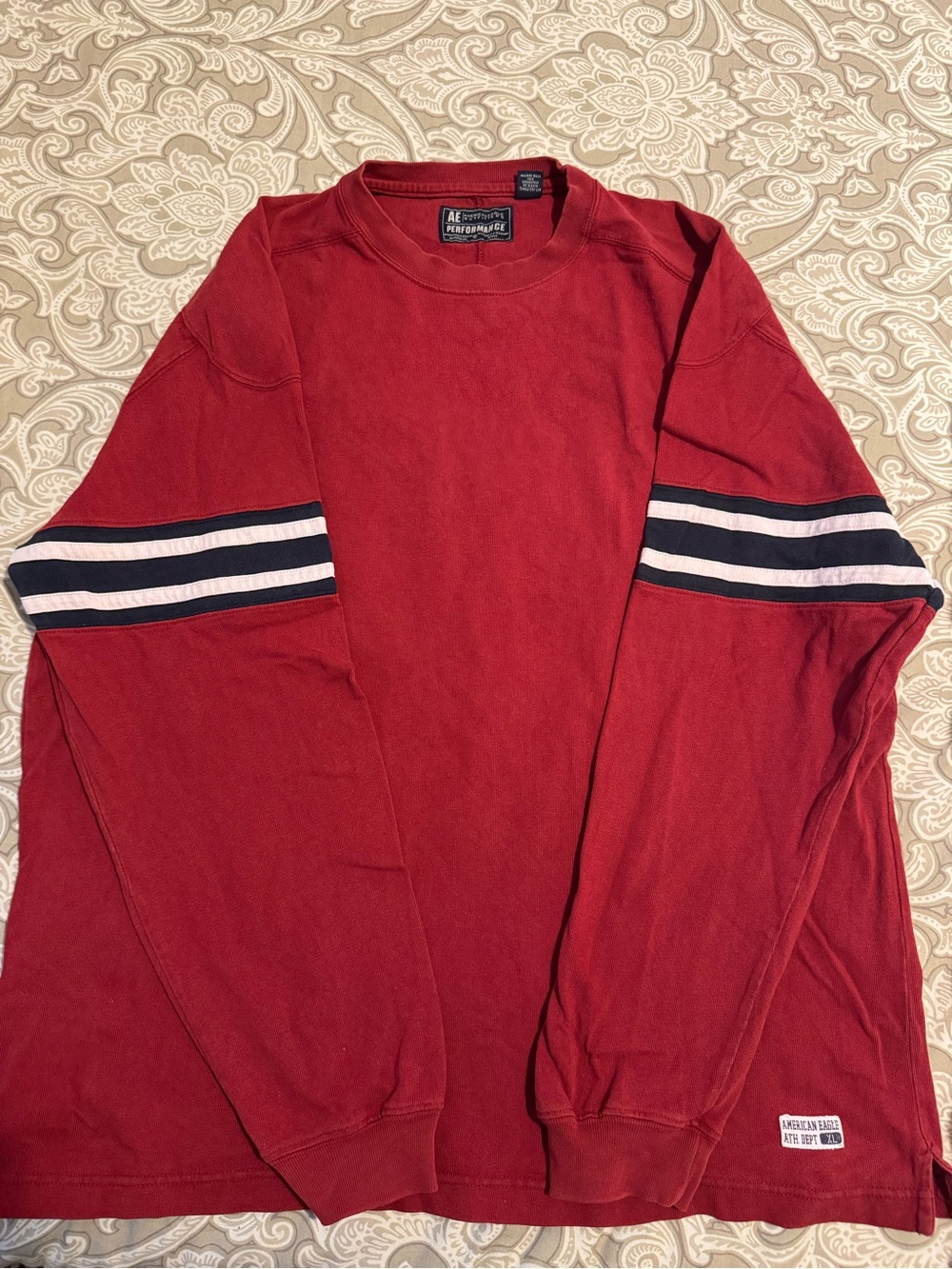 American Eagle Outfitters Red Long-Sleeve Crew with Navy and White Stripes